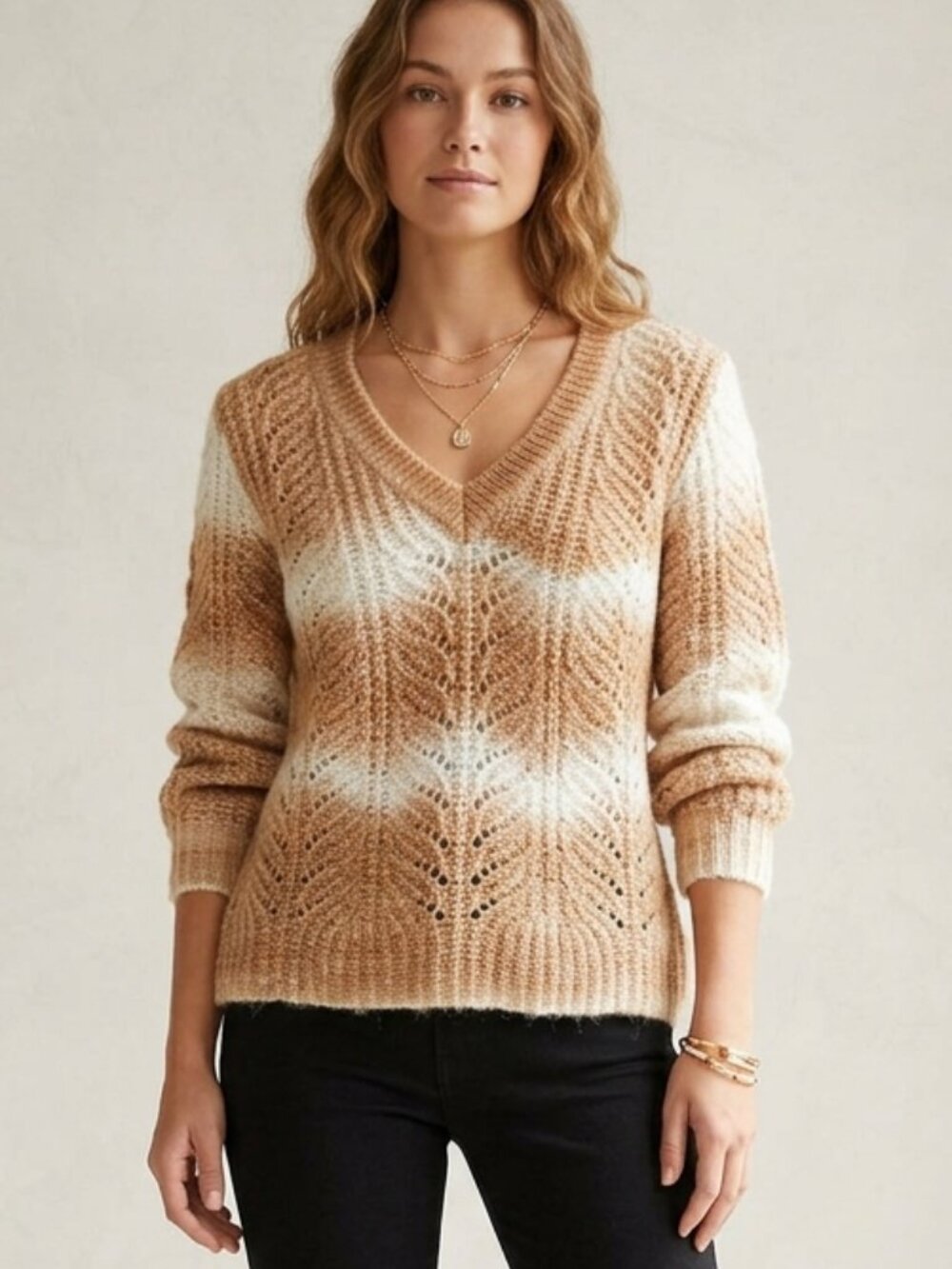 LOFT Ombre Stripe Pointelle V-Neck Textured Knit Pullover Sweater Size M